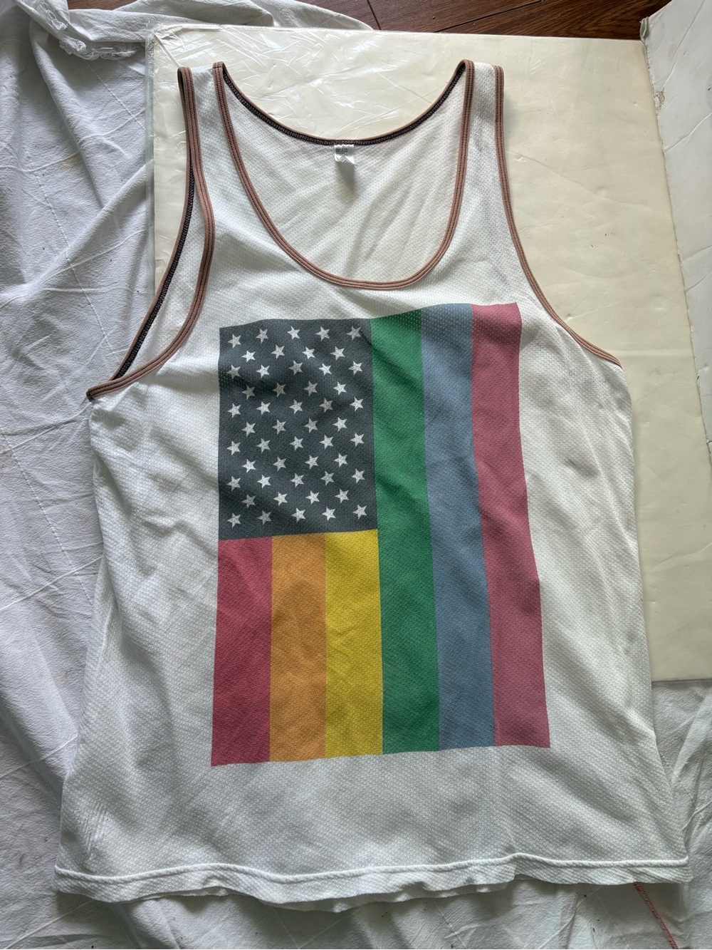 American apparel White Tank Top with rainbow USA Flag Graphic
